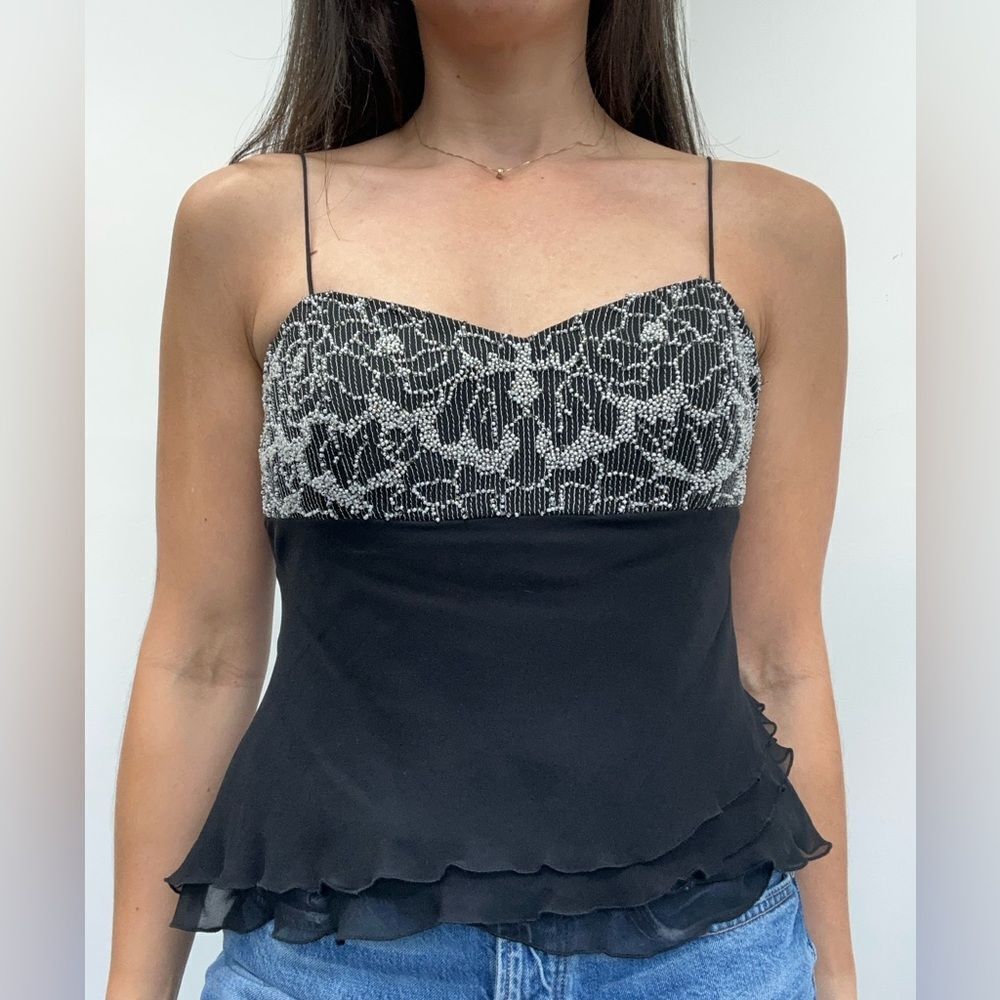 Vintage 90’s Black Silk Ruffle Beaded Spaghetti Strap Cami Top Size S